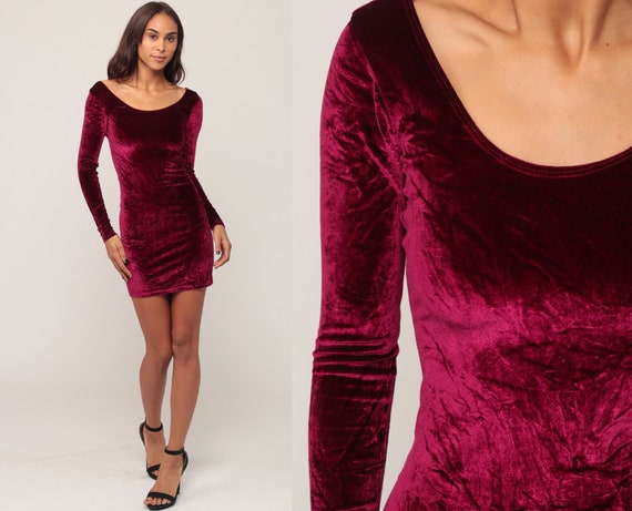 Velvet Bodycon Dress 90s Grunge Party Mini Long Sleeve Sheath Wine Purple Cocktail Vintage Gothic Minidress Goth Extra Small xs