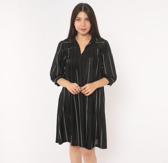 70s Pinstripe Shirt Dress Corporate Goth Grunge Witchy Black White Stripe Collared Button Front Roll Tab Sleeve Sheer Tunic Vintage Medium M
