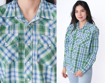 Wrangler Western Shirt Y2K Blue Green Plaid Pearl Snap Shirt White Checkered Long Sleeve Button Up Vintage 00s Men's Small S