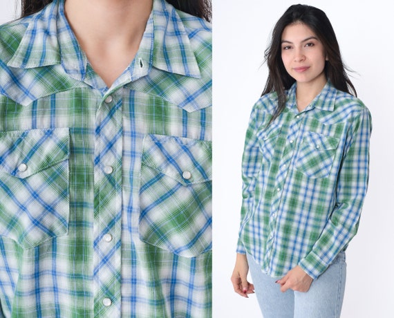 Wrangler Western Shirt Y2K Blue Green Plaid Pearl… - image 1