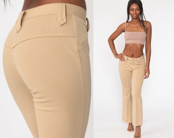 Bell Bottoms Pantalones 70s Boho Hippie Bellbottom Tan Alta Cintura 1970s Vintage Boho Pantalones Mid Rise Pequeño 26