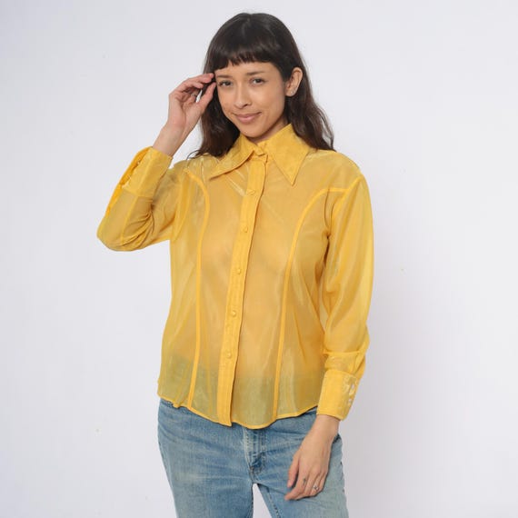 80s Yellow Sheer Blouse Button Front Long Sleeve Pointed Collar Secretary Vintage Golden Mustard Office Shirt Career Professional Medium M