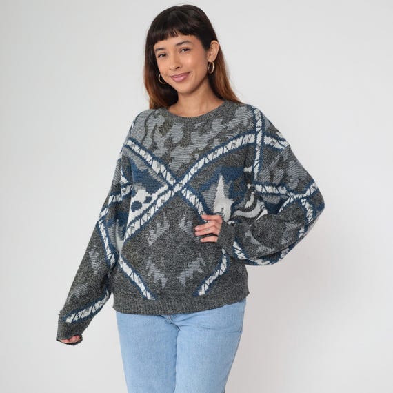 Geometric Sweater 80s Pullover Knit Sweater Grey Blue Abstract Op Art Print Crewneck Jumper Grunge Retro Boho Cotton Vintage 1980s Large L