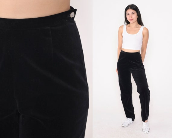 Black Velvet Trousers 90s High Waisted Pants Stra… - image 1
