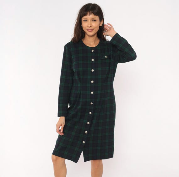 90s Plaid Button Front Dress Navy Teal Tartan Long Sleeve Cotton Shirtdress Buttons Fitted Waist Dark Academia Preppy Vintage Large L