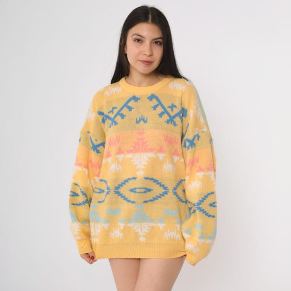 90s Geometric Sweater Tribal Yellow Blue Pink Pattern Vintage Oversized Colorful Southwestern Abstract Knit Pullover Large L