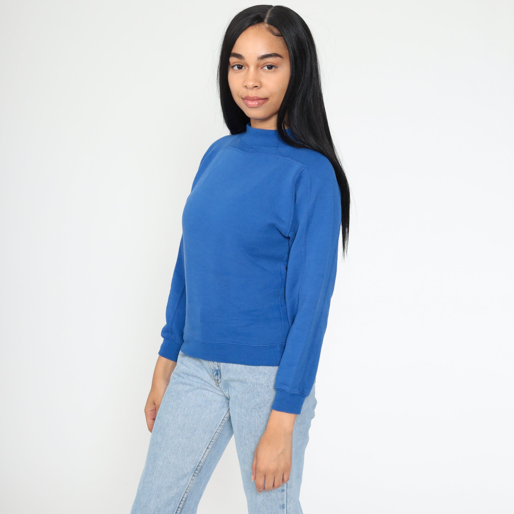 Royal Blue Sweatshirt 80s Sweatshirt Mock Neck Shirt Plain Long Sleeve ...