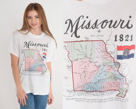 Missouri T-Shirt 90s USA History Shirt MO Graphic Tee Retro Souvenir Tourist TShirt Travel Top Road Trip T Shirt White Vintage 1990s Small S