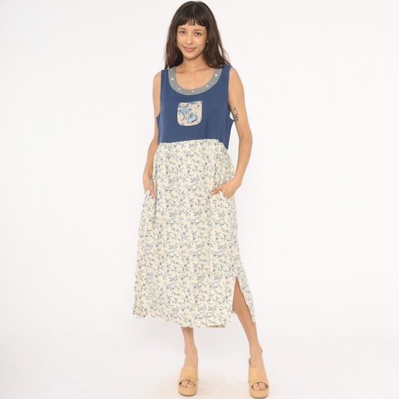 90s Floral Jumper Dress Blue Cream Linen Blend Prairie Cottagecore Tie Back Mixed Print Country Americana Garden Summer Vintage Large L