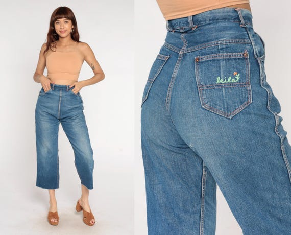 70s Embroidered Pants Cropped Wide Leg Jeans High Waisted Blue Medium Wash Denim Culottes Frayed Raw Hem Vintage Pants Summer Casual Small