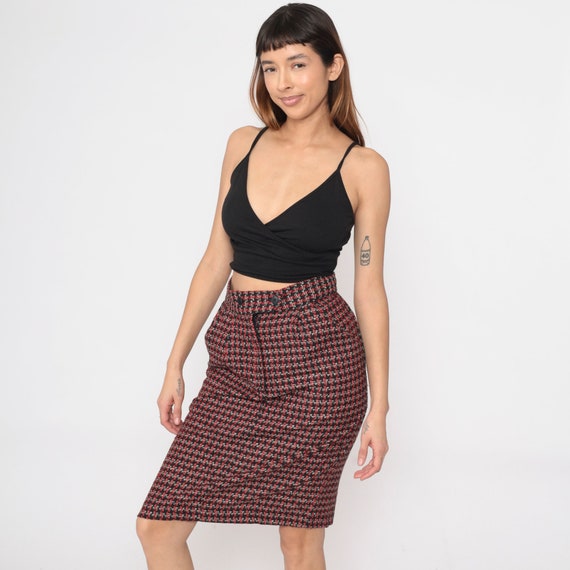 Houndstooth Pencil Skirt 80s Wiggle Skirt Dark Academia Diane von Furstenberg High Waisted School Girl Black Red White Retro Vintage Small 6