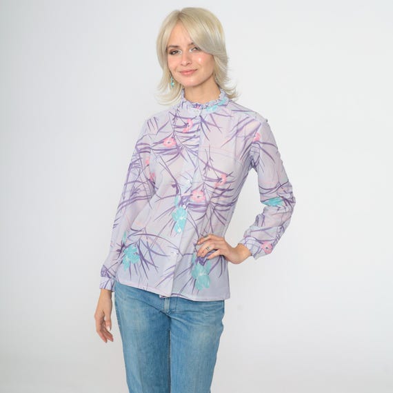 Vintage Sheer Floral Blouse 70s Lavender Ruffle Collar Boho Top Button Up Shirt Bohemian Long Sleeve 1970s Hippie Romantic Purple Medium