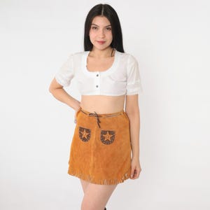 Vintage Suede Fringe Skirt Western Studded Star Leather Mini Cowgirl Skirt Hippie Boho High Waist Bohemian Festival Brown Extra Small xs