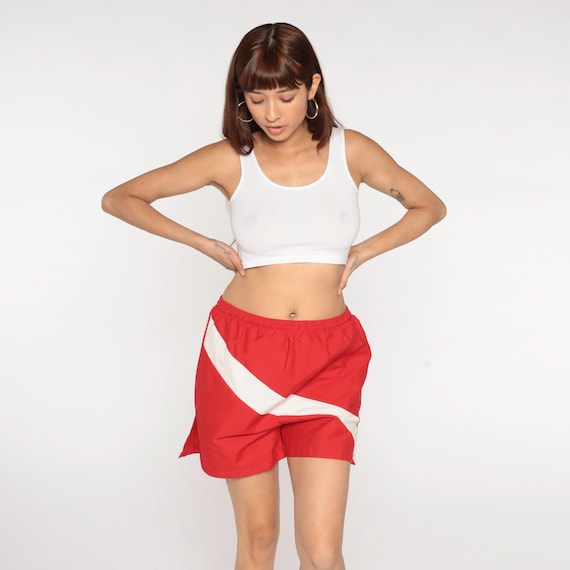 80s Shorts Red White Stripe Athletic Elastic Waist Cotton Blend Water Repellent Poplin Vintage Sport Running Track Workout Unisex Large