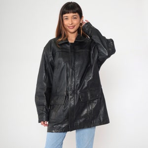 Black Leather Coat 90s Deerskin Cargo Pockets Zip Snap Up Jacket Retro Trenchcoat Longline Outerwear Vintage 1990s Utility Large L