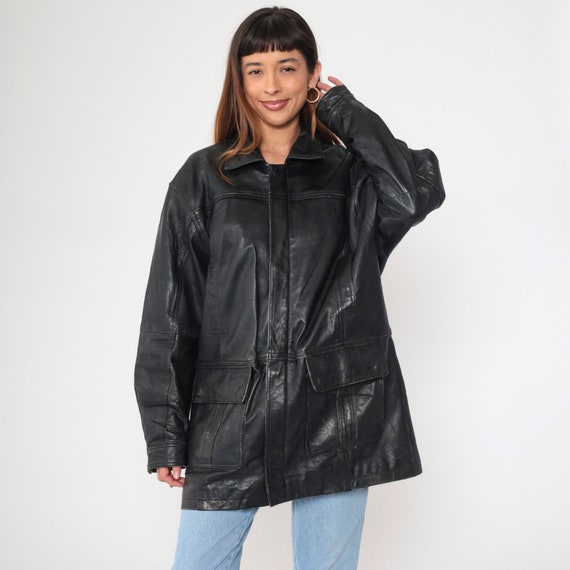Black Leather Coat 90s Deerskin Cargo Pockets Zip Snap Up Jacket Retro Trenchcoat Longline Outerwear Vintage 1990s Utility Large L