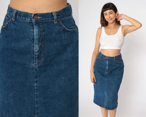90s Denim Pencil Skirt Blue Jean Midi Skirt High Waisted Front Slit Wiggle Zipper Fly Retro Fitted Western Cowgirl Vintage 1990s Medium