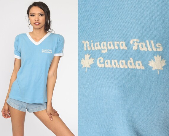 Niagara Falls Shirt Graphic Retro TShirt Canada Shirt Vintage V Neck Ringer Tee T Shirt 80s Travel Baby Blue Tee 1980s Small Medium