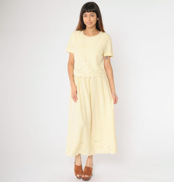 Y2k Floral Embroidered Dress Light Yellow Bohemian Maxi Dress Eyelet Cutwork Boho Grunge Romantic Girly Short Sleeve Vintage 00s Small 6