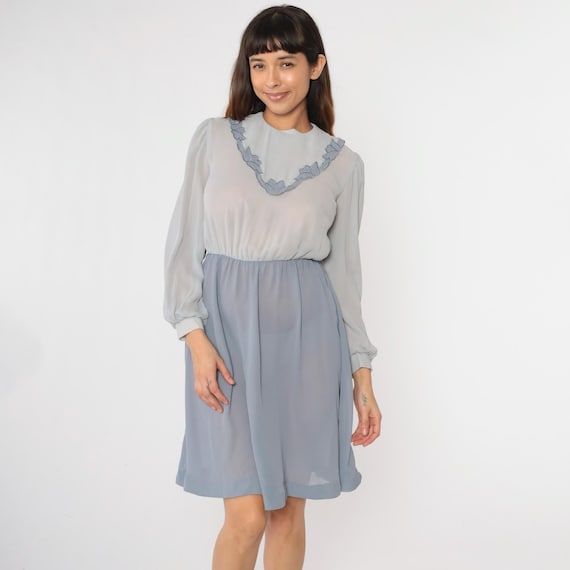 Vintage Sheer Grey Chiffon Dress 80s Puff Sleeve Mini Embroidered Boho Dress Secretary 1980s Bohemian High Waist Long Sleeve Small Medium