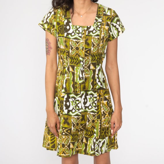 70s Mini Dress Mod GEOMETRIC Print Green Tribal 6… - image 6