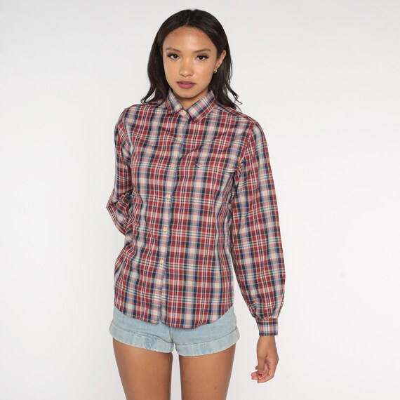 Red Plaid Shirt 80s Button Up Shirt Retro Preppy Checkered Collared Shirt Long Sleeve Top Blue Black Check Print Vintage 1980s Small S