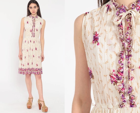 Off-White Floral Dress 70s Ruffle Dress Boho Midi Necktie Secretary High Waist Bohemian Keyhole Bow Pink Knife Pleat 1970s Vintage Small