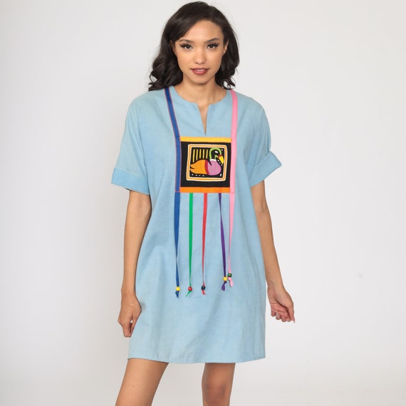 Boho Mini Dress Duck Bird Dress Baby Blue Hippie … - image 3