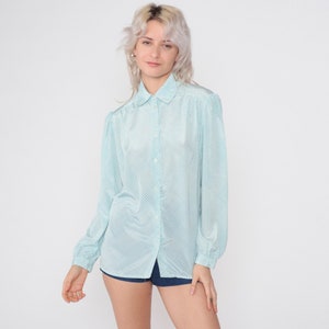 Embossed Checkered Blouse 80s Button up Shirt Long Puff Sleeve Top Shiny Dot Blue Check Print Retro Secretary Boho Vintage 1980s Medium