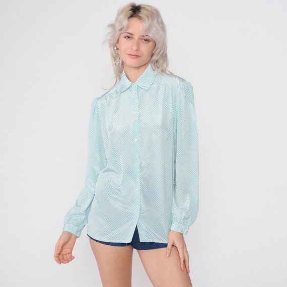 Embossed Checkered Blouse 80s Button up Shirt Long Puff Sleeve Top Shiny Dot Blue Check Print Retro Secretary Boho Vintage 1980s Medium