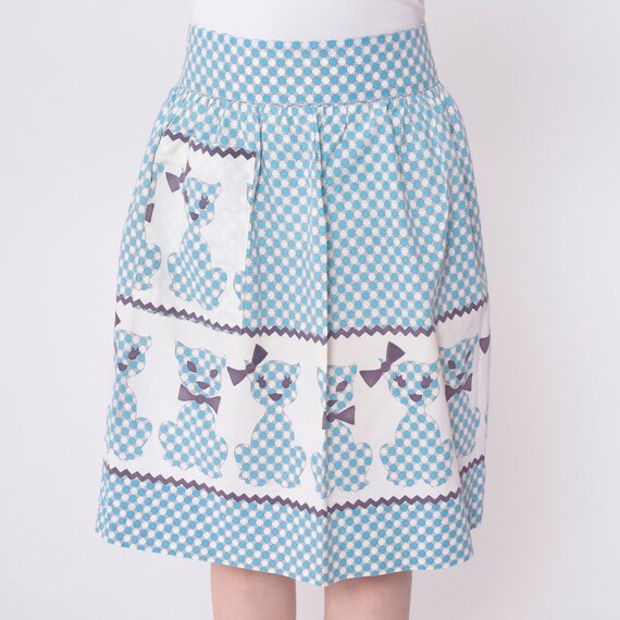 70s Apron Skirt Cat Print Half Apron Open Back Diner Waitress Uniform Blue White Polka Animal Print Midi Vintage 1970s Extra Small xs