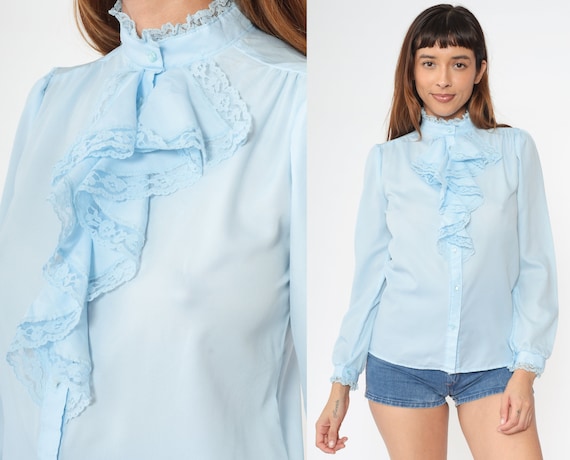 Baby Blue Ruffle Shirt 70s Tuxedo Button Up Jabot… - image 1