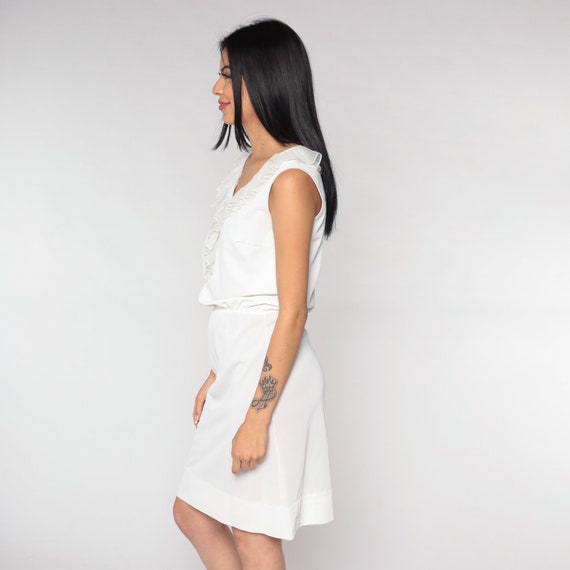 White Mini Dress 70s Blouson Dress Ruffled V Neck… - image 5