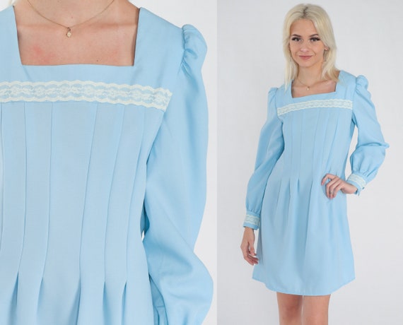 Blue Mini Dress 70s Puff Sleeve Pleated Dress Lac… - image 1