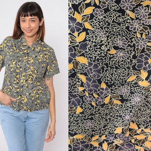 Black Floral Blouse 90s Button Up Shirt Retro Short Sleeve Top Flower Print Casual Hippie Summer 1990s Vintage Purple Yellow Small S image 1