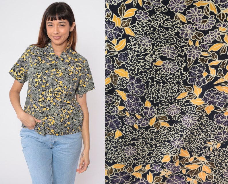 Black Floral Blouse 90s Button Up Shirt Retro Short Sleeve Top Flower Print Casual Hippie Summer 1990s Vintage Purple Yellow Small S image 1