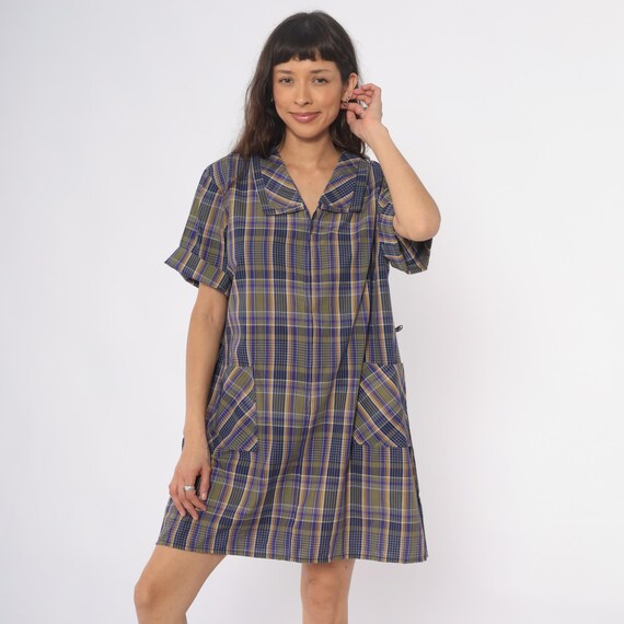 80s Plaid Shift Dress Collared Zip Front Short Sleeve Knee Length Pockets Blue Olive Casual Vintage Day  Relaxed Extra Large XL