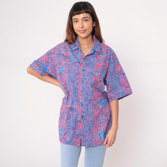 Y2K Abstract Shirt Cotton Short Sleeve Geometric Blue Red Pink Vintage Summer Wear Relaxed Fit Casual Collared Batik Style Blouse Large L