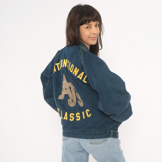 Denim Bomber Jacket 90s Dark Wash Jean Coat Button Front Embroidered Logo Varsity Letterman Snap Closure Grunge Alternative Streetwear  Blue