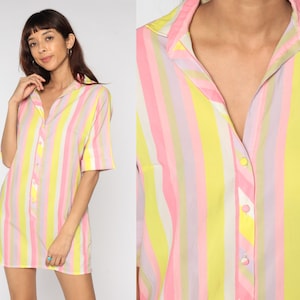 60s Shirt Dress Striped Day Dress Pink Shift Mini Dress Button Up Pastel Yellow Vintage Short Sleeve Shirtdress Button Up 1960s Medium image 1