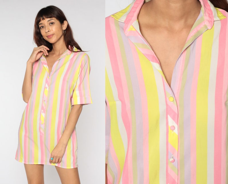 60s Shirt Dress Striped Day Dress Pink Shift Mini Dress Button Up Pastel Yellow Vintage Short Sleeve Shirtdress Button Up 1960s Medium image 1