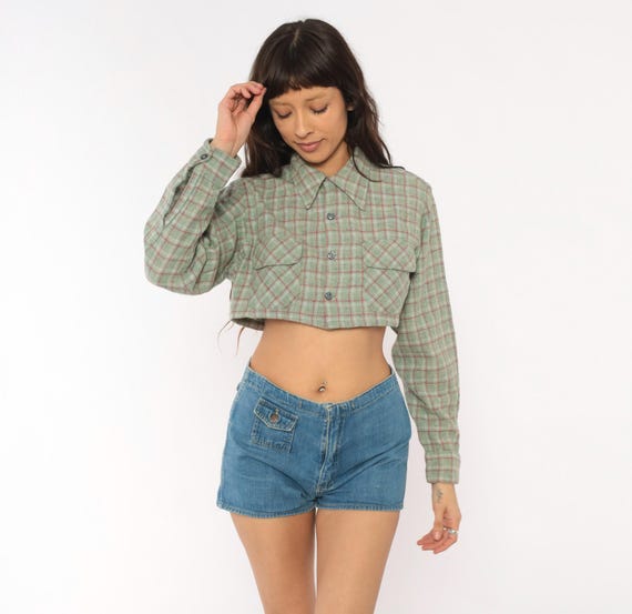 Cropped Plaid Flannel 60s Towncraft Wool Shirt Green Red Windowpane Check Pointed Collar Crop Top Sage Grunge Long Sleeve Blouse Medium M