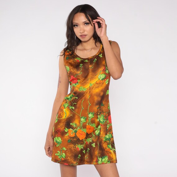 70s Mini Dress Burnt Orange Brown Floral Garden Rose Print Green Leaves Bronze Shift Copper Gold Gradient Fall Autumn Wear Size 12 Medium