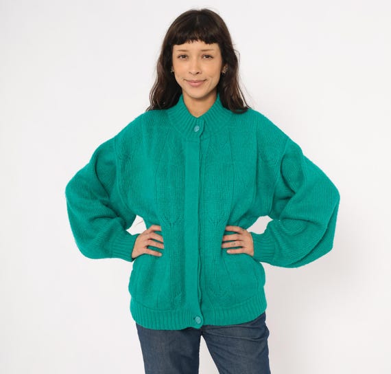 Teal Mohair Cardigan 90s Knit Jacket Emerald Green Leaf Pattern Cable Sweater Relaxed Fit Vintage Turquoise Layering Top Nerdcore Medium M