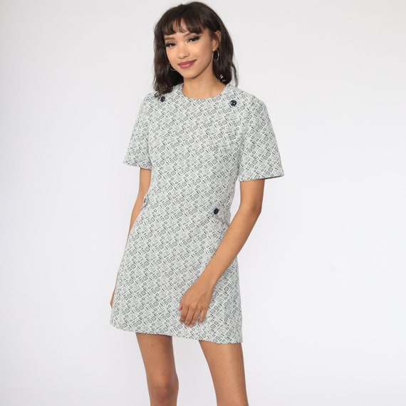 60s Mod Mini Dress Checkered Print Dress Plaid Shift Twiggy 1960s Vintage Grey Space Age 70s Short Sleeve Minidress Medium 8