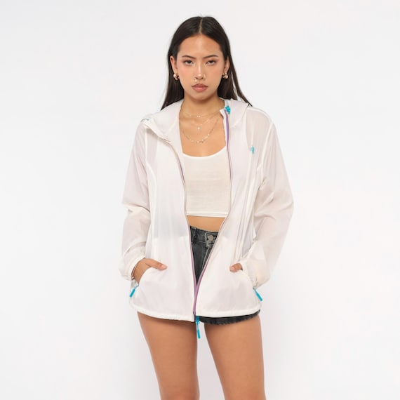 Y2K Sheer North Face Windbreaker White Hooded Jacket Shell Hood Teal Outdoor Gorpcore Hiking Trail Running Cream Athletic Coat Large L
