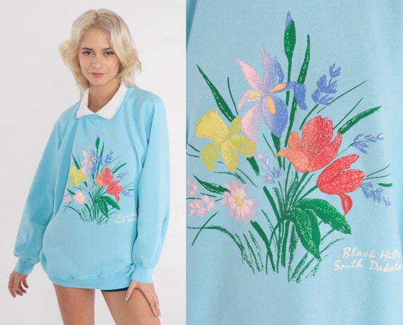 Floral Sweatshirt 80s Black Hills South Dakota Sweatshirt Baby Blue Collared Vintage Raglan Sleeve Graphic 90s Slouchy Extra Large xl