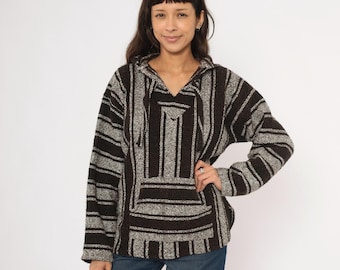 90s Baja Hoodie Brown Striped Mexican Drug Rug Pullover Woven Blanket Sweater Surf Beach Summer Poncho Chocolate White Stripe  Medium M