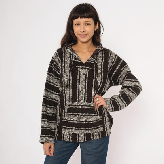 90s Baja Hoodie Brown Striped Mexican Drug Rug Pullover Woven Blanket Sweater Surf Beach Summer Poncho Chocolate White Stripe  Medium M