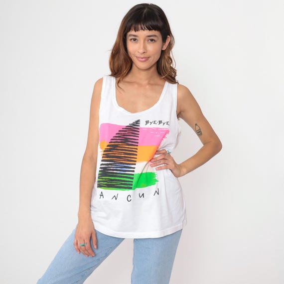 Sailboat Tank Top 90s Bye Bye Cancun White Graphic Print Sleeveless Tee Nautical Vacation Mexico Vintage Summer Beach Large L